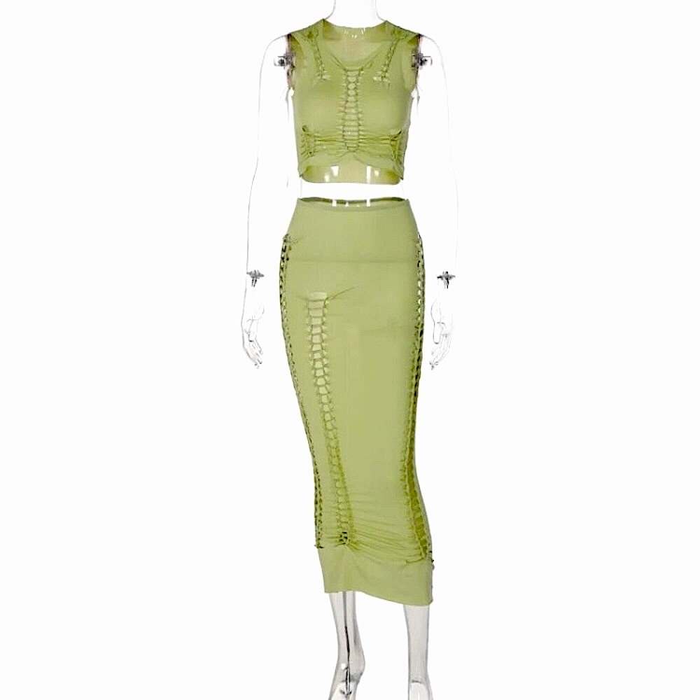 Two piece green hollow out midi dress set - Picture 7 of 16